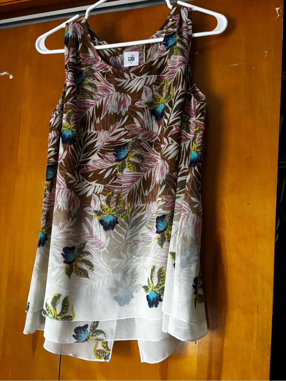 CAbi Brown, White, Pink & Blue Floral Layered Chiffon Tank